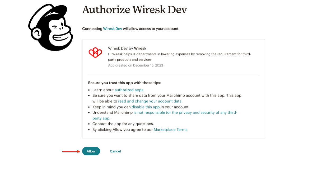 Screenshot of Authorize Wiresk dev. it ask user a confirmation to allow a connection from Wiresk to Mailchimp account. a red arrow are pointing to the button "Allow"