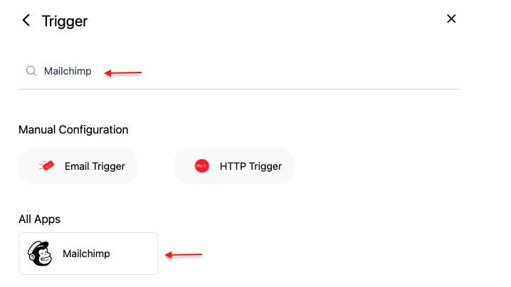 Screenshot of Mailchimp Trigger search and selection. White background, arrows that point to search field and Mailchimp logo.