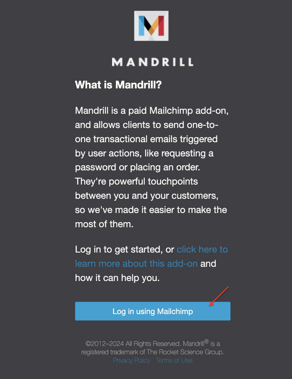 Screenshot of Mandrill login screen with text explaining what is Mandrill and a button to log in using Mailchimp account.