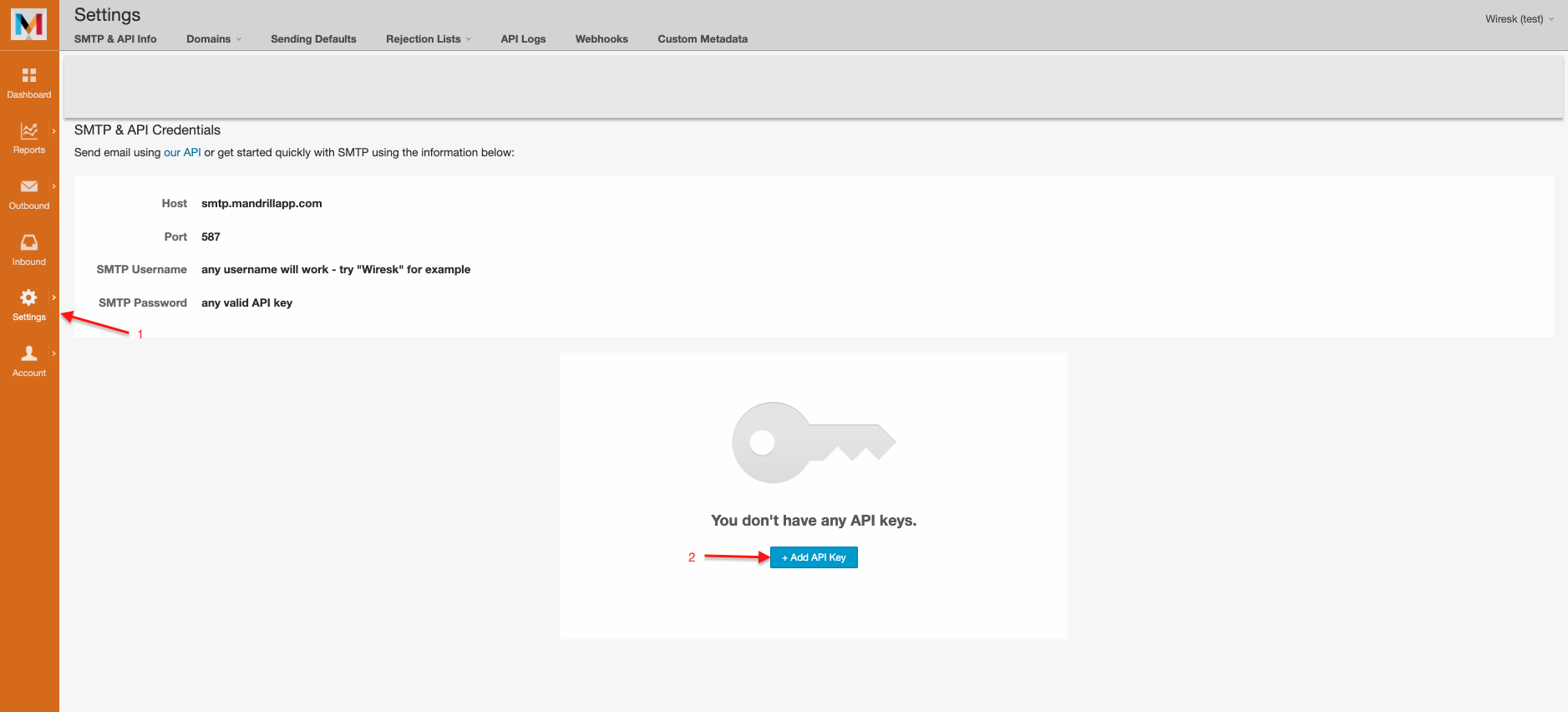 Screenshot of Mandrill (Mailchimp Transactional) setting screen with red arrows pointing to setting and add API key.