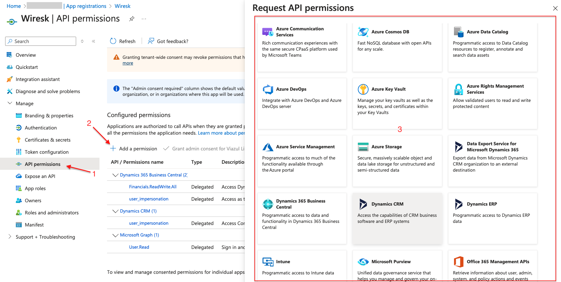 Screenshot of Microsoft API permissions page.Numbered red arrows are pointing to different location on the screen. It shows how to set up the api permissions for Microsoft applications that is required for Wiresk connection.