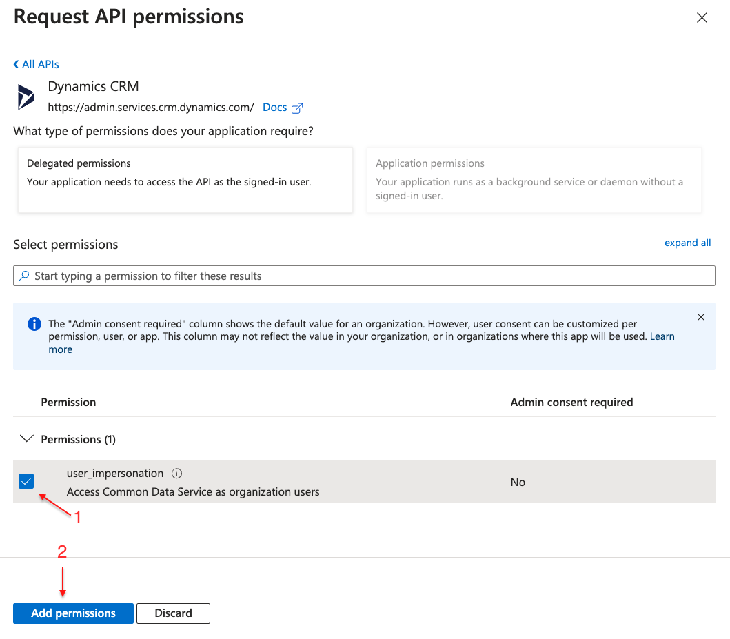 Screenshot of Request API permissions page for Dynamics CRM. Red arrows points to check the specific permission then add permissions button.