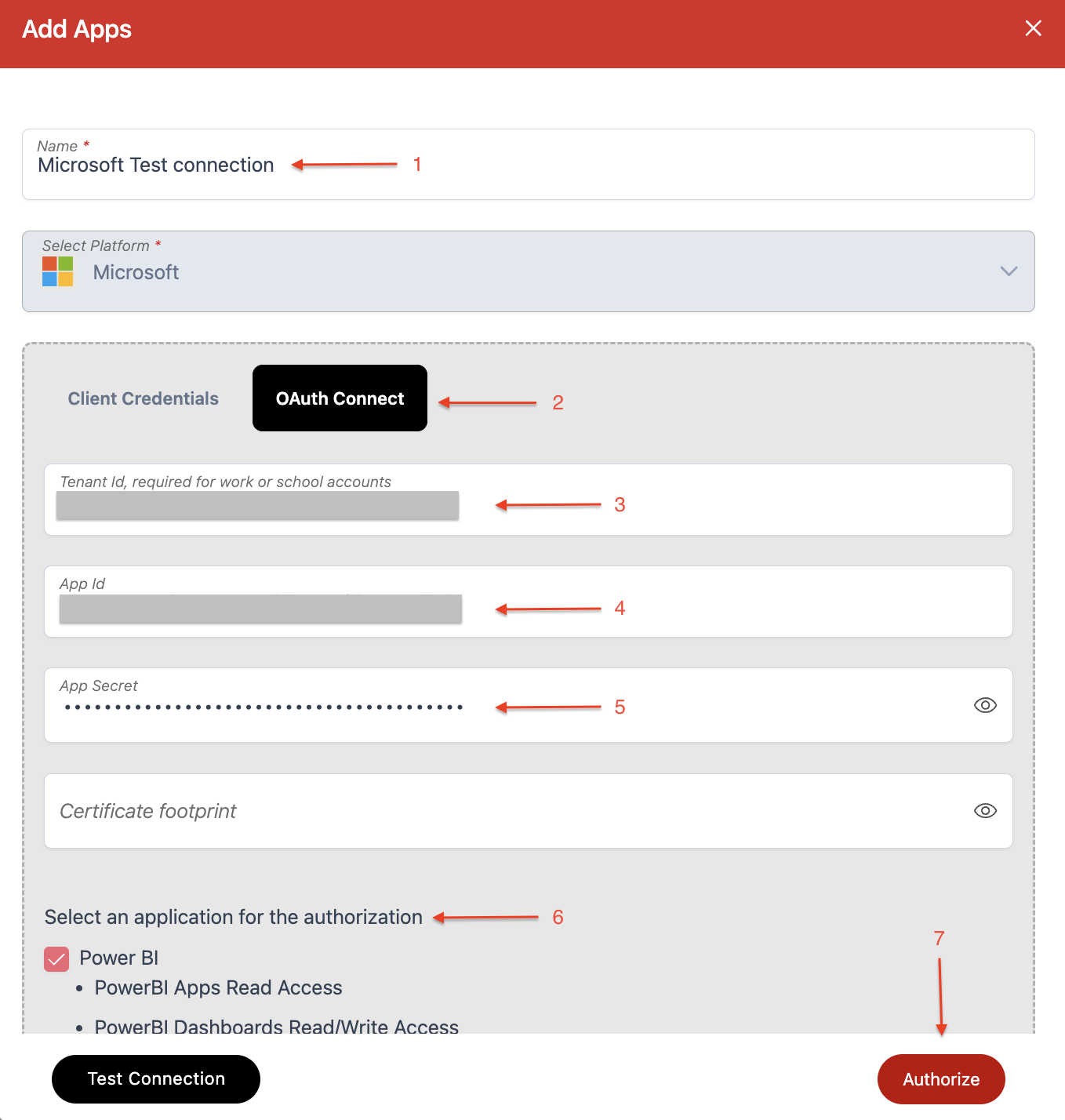 Screenshot of Add apps screen, this show the setting for Microsoft connection with numbered red arrows pointing to different fields.