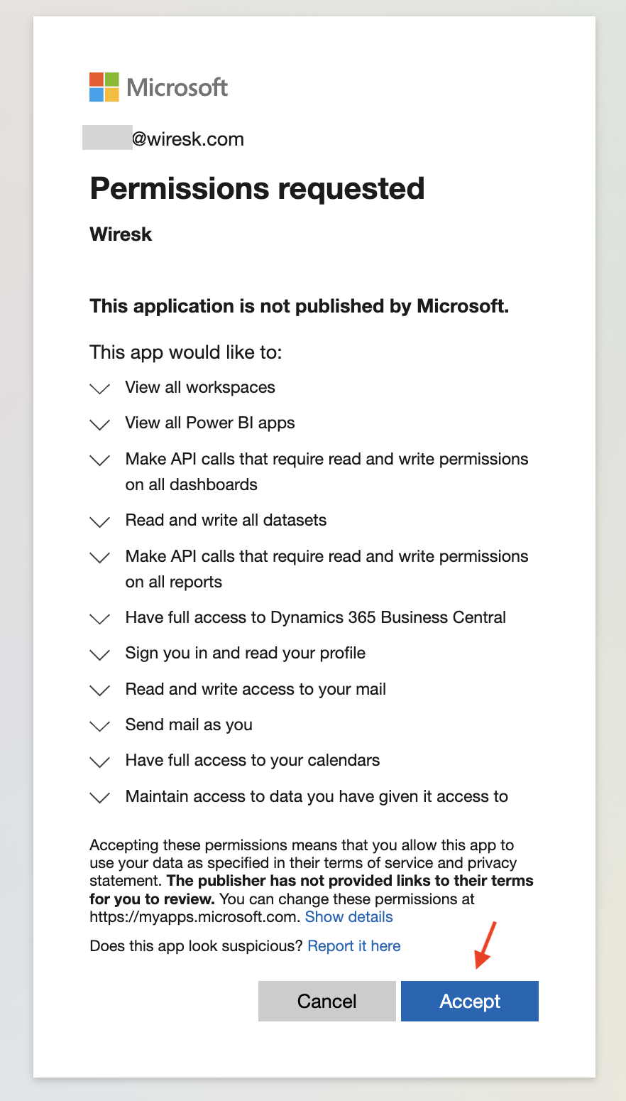 Screenshot of Microsoft permissions screen for Wiresk. show button accept with a red arrow pointing to it.