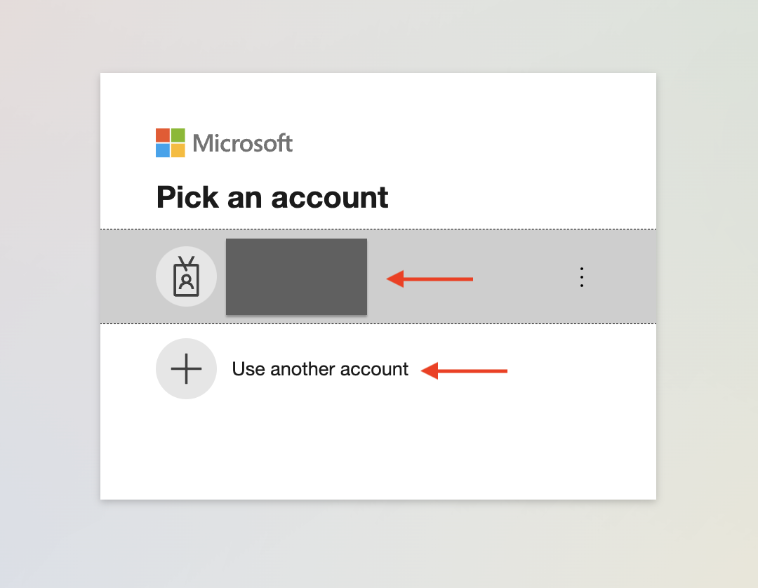 Screenshot of Microsoft pick an account. shows account that was previously connected or use another account button.