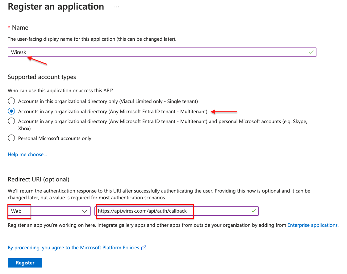 Screenshot of registration application page, arrows shows how to fill it, add name, enter the redirect URI.