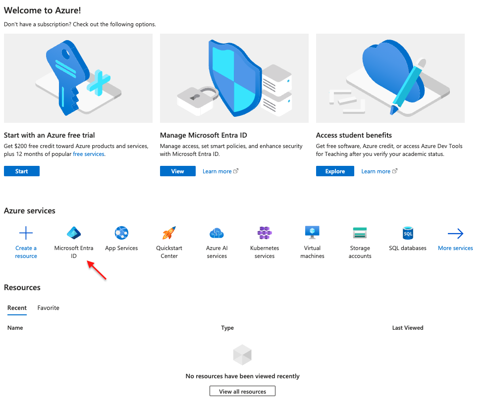 Screenshot of Microsoft Azure welcome page. Red arrow shows to click on Microsoft Entra ID.