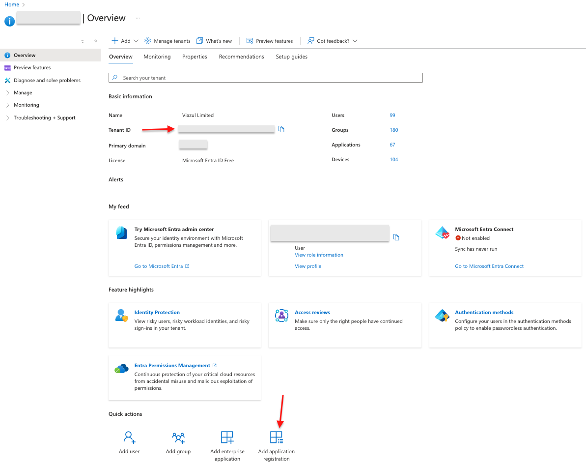 Screenshot Entra ID overview page. Red arrows point to Tenant ID and Add application registration.