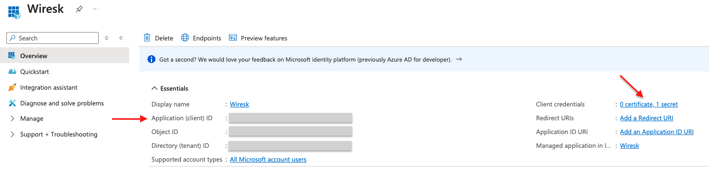 Screenshot of application overview, arrows shows the application ID and the link to get the app secret.