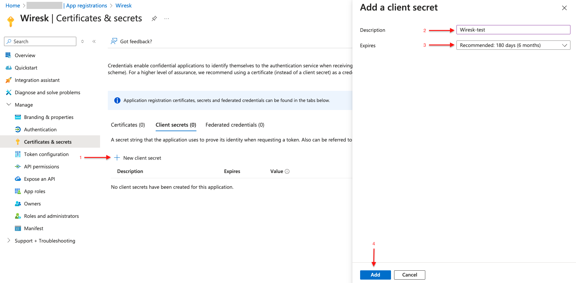 Screenshot of certificates & secrets pages. Red arrows shows to click on new client secret, then enter descriptions, expires, and click on Add button.
