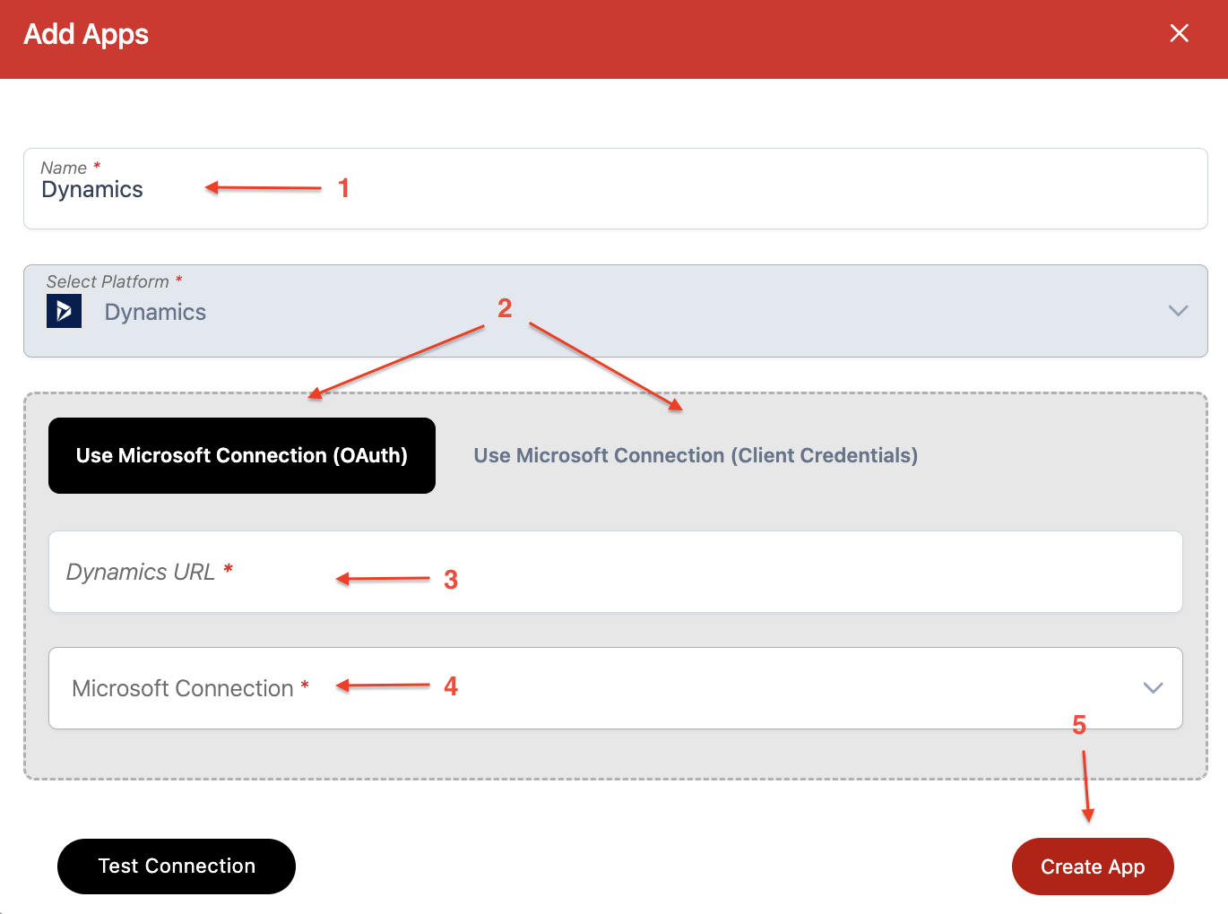 Screenshot of Dynamics connection app screen in Wiresk. Numbered red arrows point to fields for the settings, name, dynamics URL, Microsoft Connection.