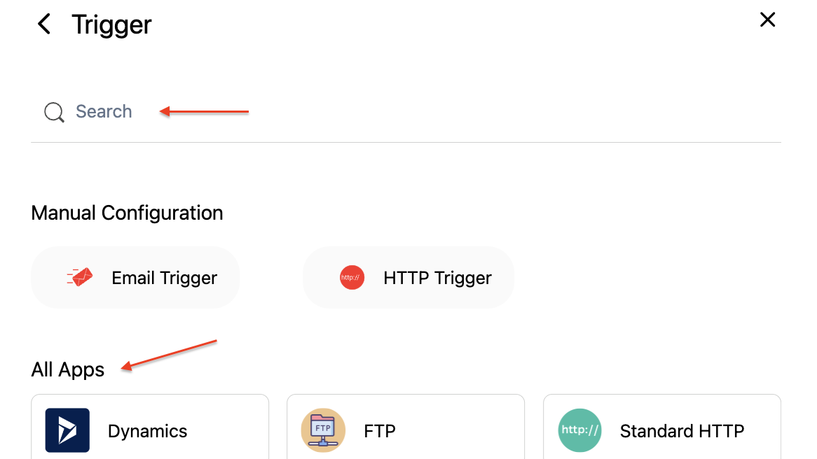 Screenshot of Trigger search and selection. White background, arrows that point to search field and all app list.