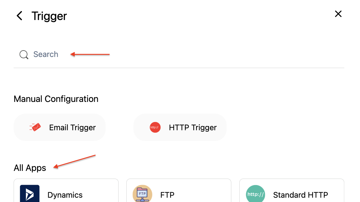 Screenshot of Trigger search and selection. White background, arrows that point to search field and all app list.