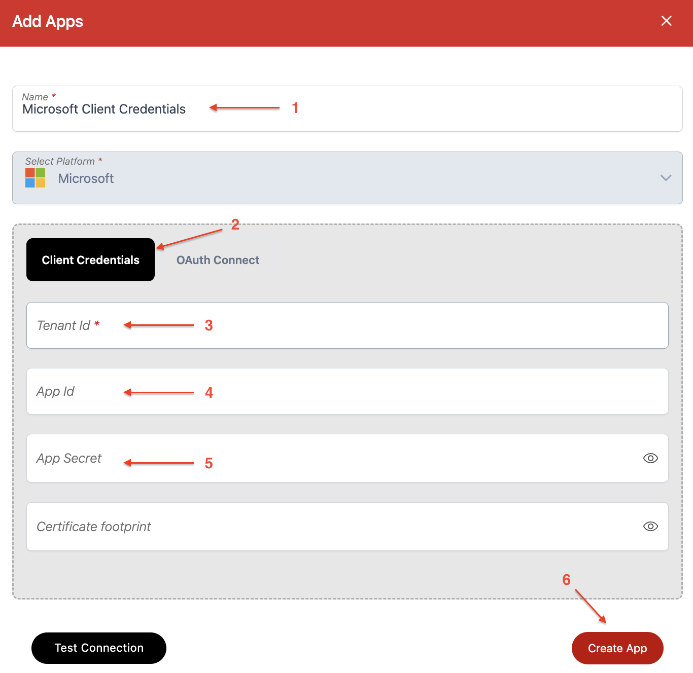 Screenshot Wiresk add apps screen. it shows the setting for Microsoft Client Credentials connection type. numbered red arrows are pointing to specific fields like name, tenant id, app id, app secret, and button create app.