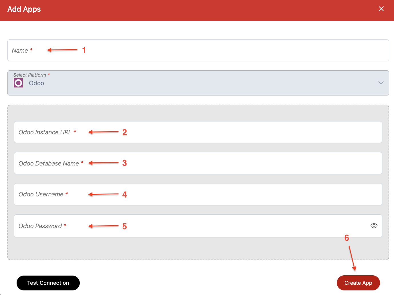 Screenshot of Add apps screen, this show the setting for Odoo connection with numbered red arrows pointing to different fields.