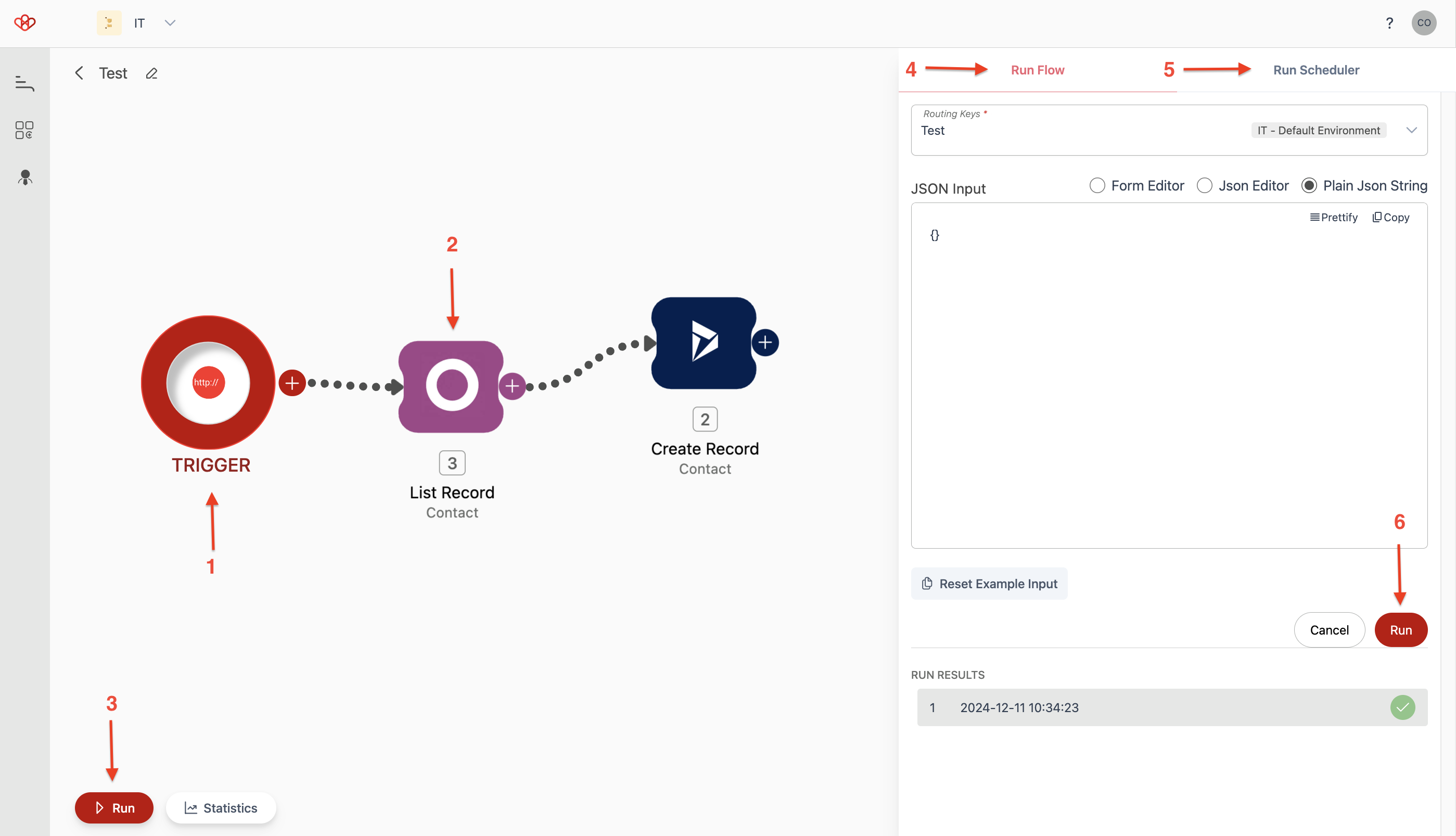 Screenshot of Wiresk Flow Builder, showing the settings to run a Flow. Numbered red arrows point to different location. 1 shows Trigger button, 2 shows Method button, 3 shows run button, 4 shows Run flow tab, 5 shows Run scheduler tab, 6 shows Run button