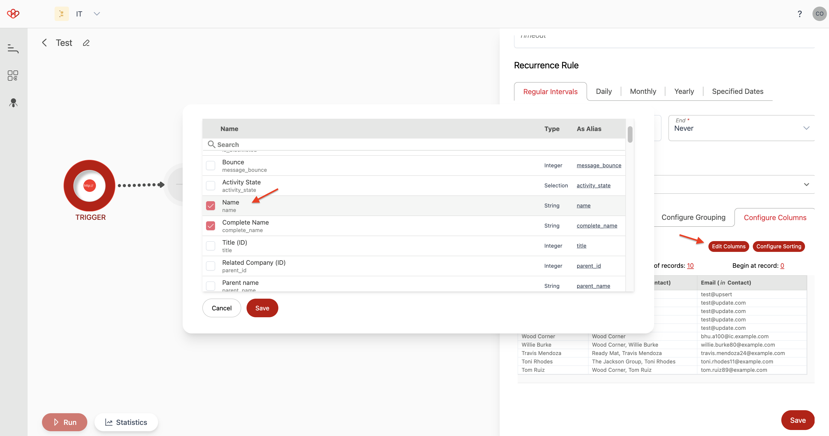 Screenshot of Wiresk Query builder, edit columns screen. Red arrows show where to select and configure the columns.