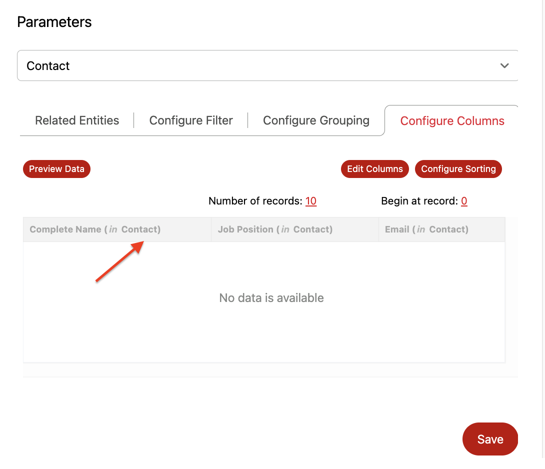 Screenshot of Wiresk Query builder, configure columns tab screen. Red arrows show news columns header name after editing the columns.