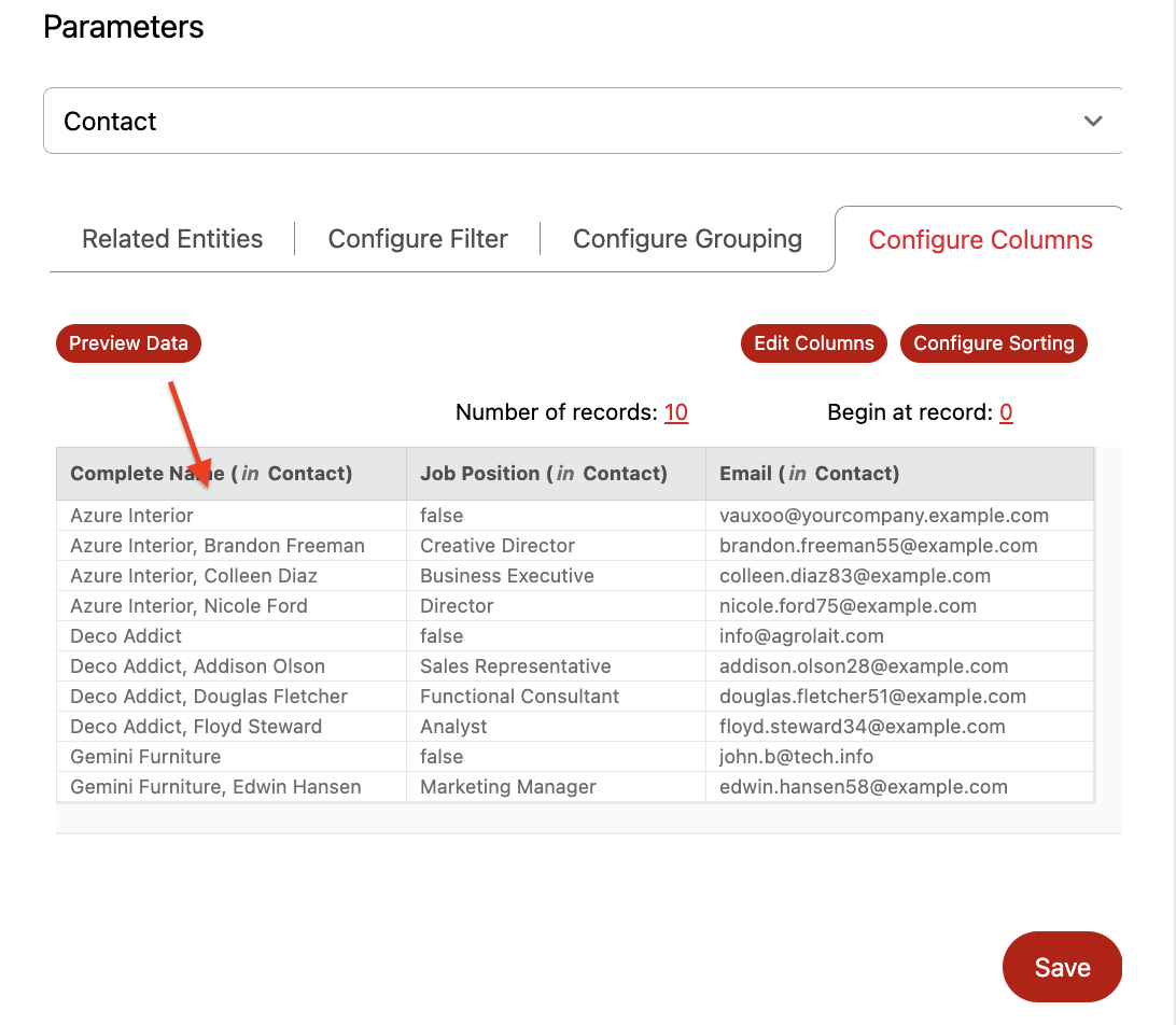 Screenshot of Wiresk Query builder, configure columns tab screen. Red arrows show retrieve data after using the button "preview data".