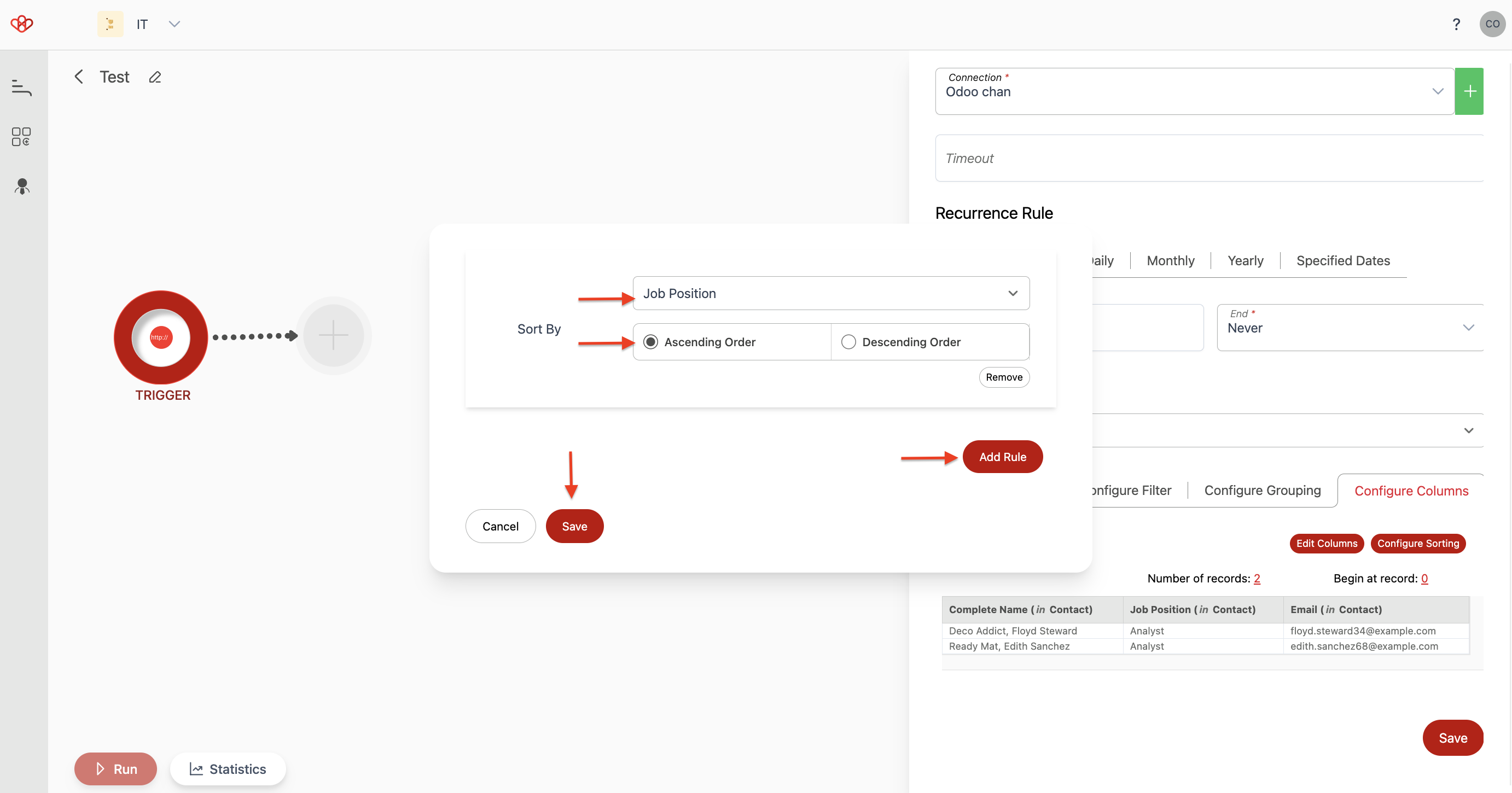 Screenshot of Wiresk Query builder, configure sorting screen. Red arrows show how to set up a sorting rule. Sorting by ascending or descending order.