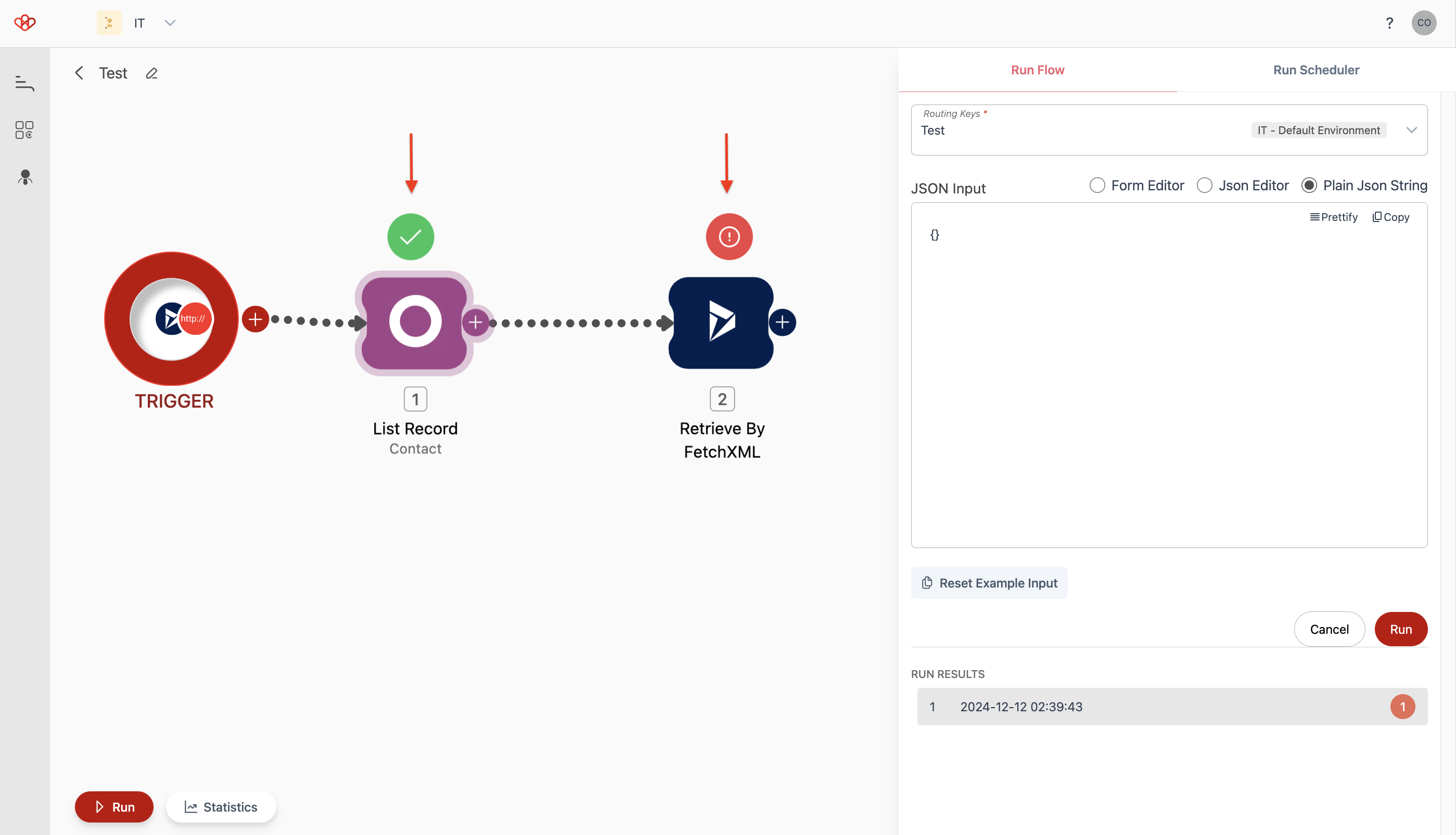 Screenshot of Wiresk Flow Builder. it shows how to run  Flow with red arrow showing icons over the Trigger and Methods. Green icon means the Flow is set up correctly, red icon means there is an issue to fix.