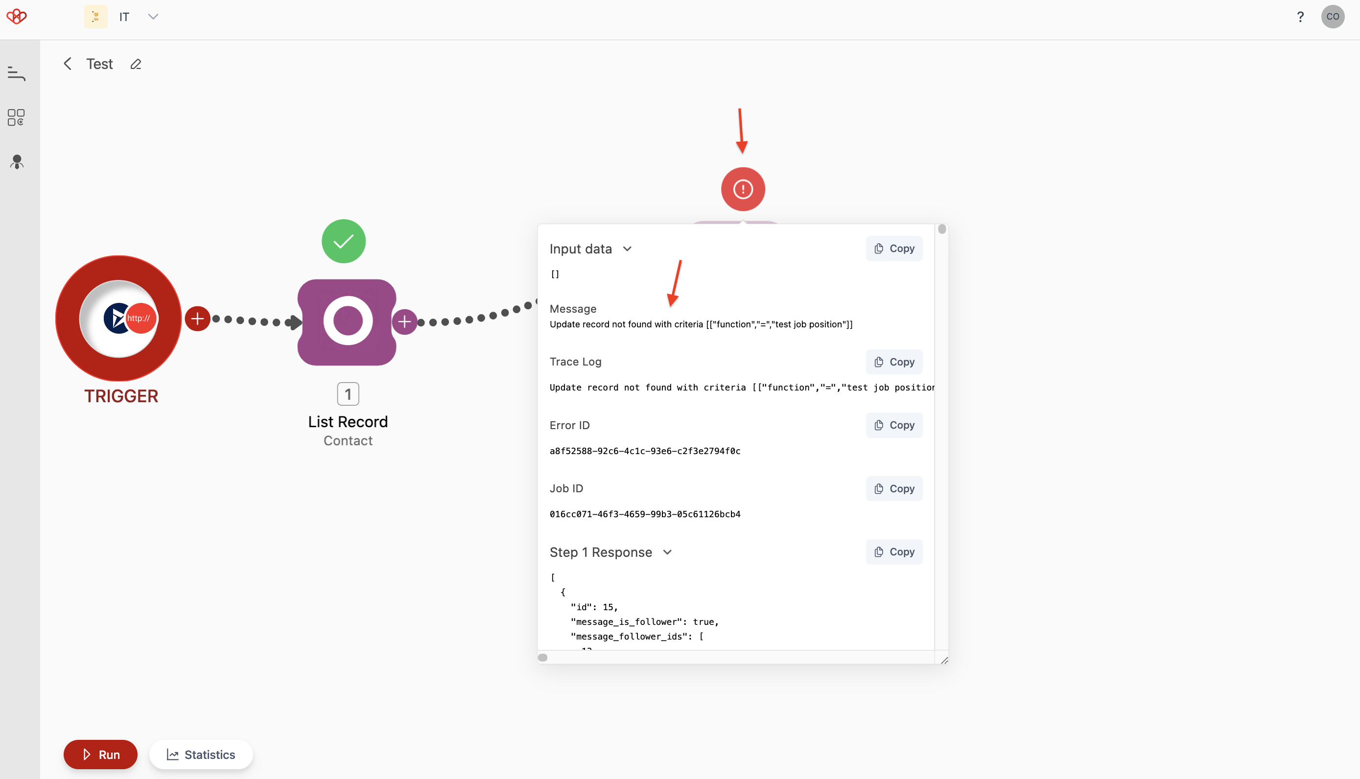 Screenshot of Wiresk Flow Builder. It Shows a debug screen when click on the red icon over the Method with issue. Red arrows show where to click and check to fix the error.