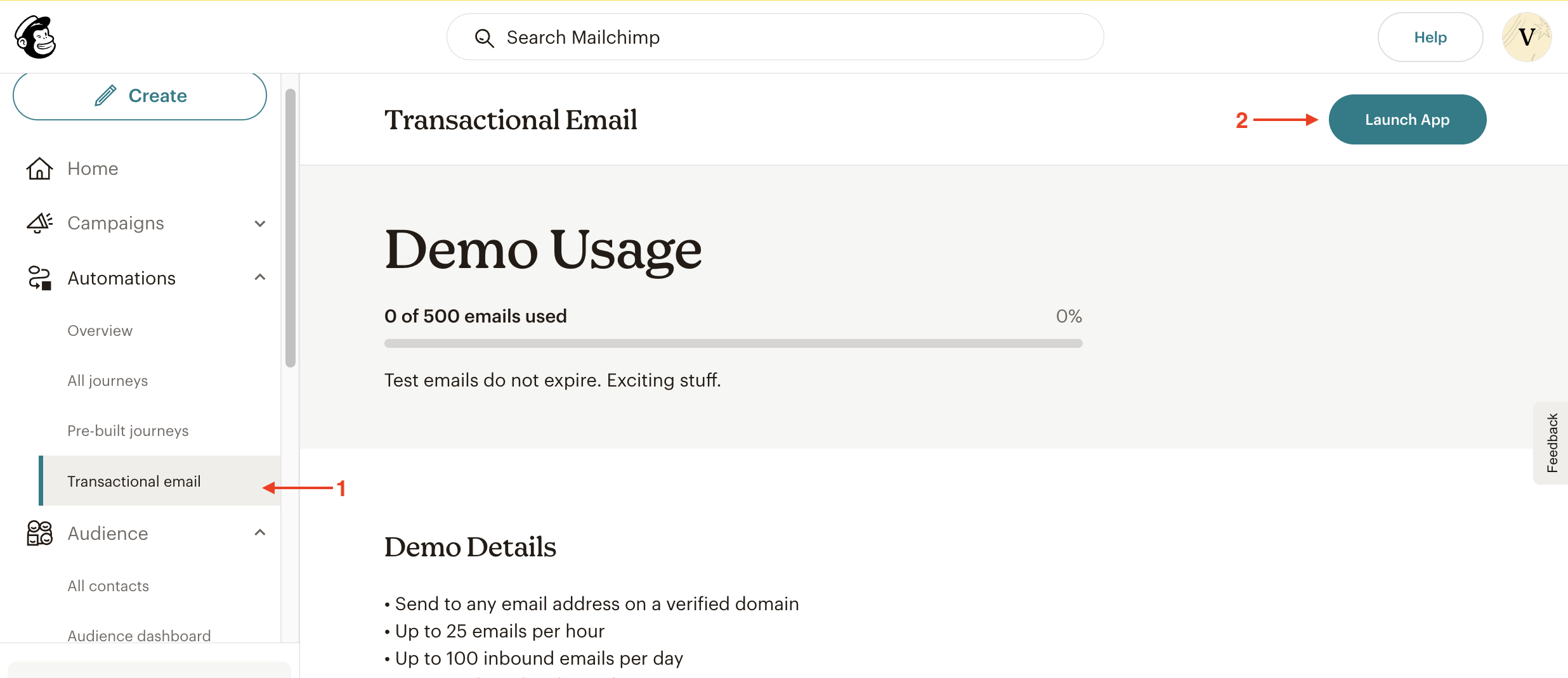 Screenshot of Mailchimp home page with numbered red arrows that point to different fields for launching Transactional Email.