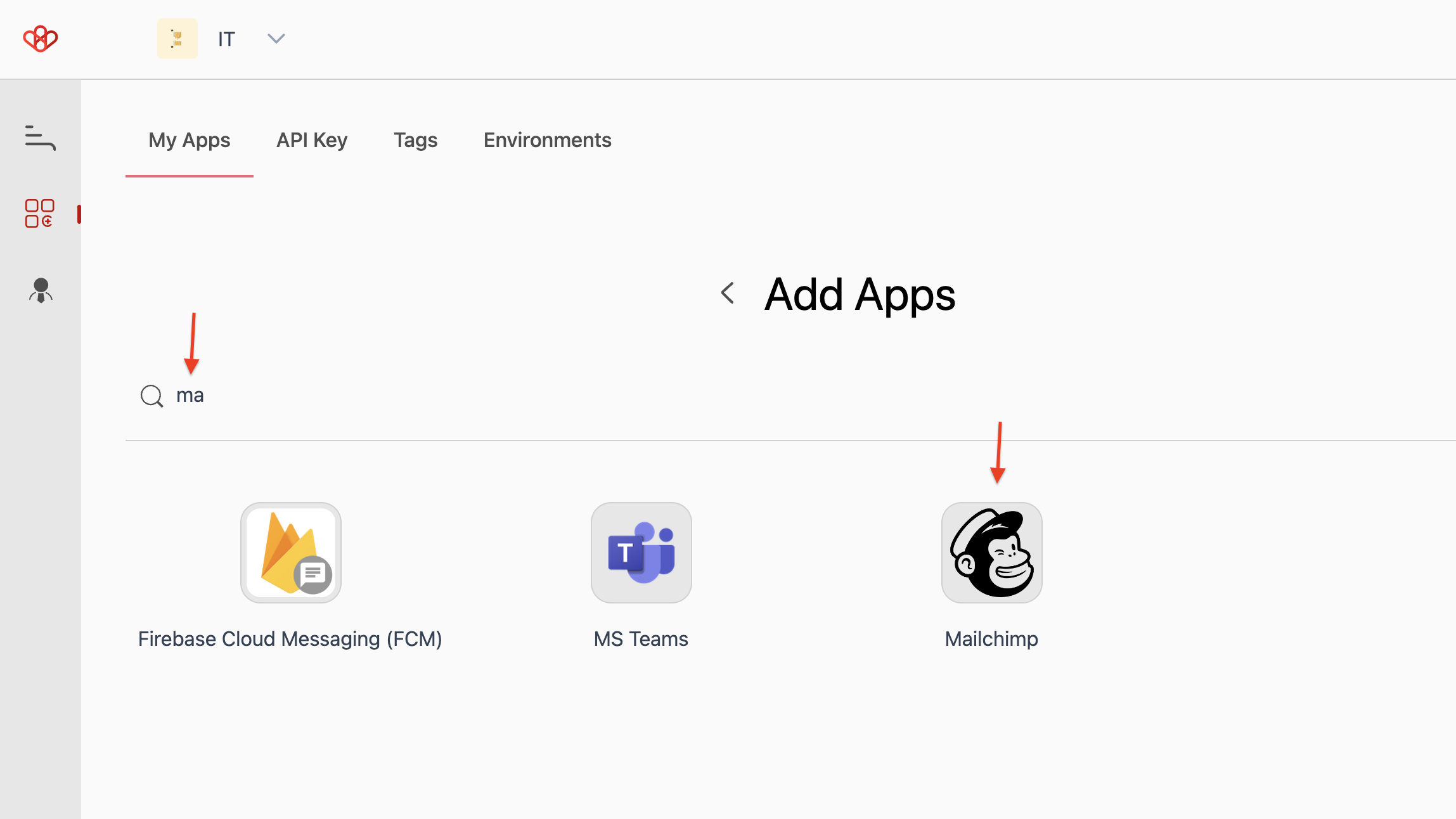 Screenshot of Wiresk"my apps" tab. Red arrows point to search bar and Mailchimp icon.