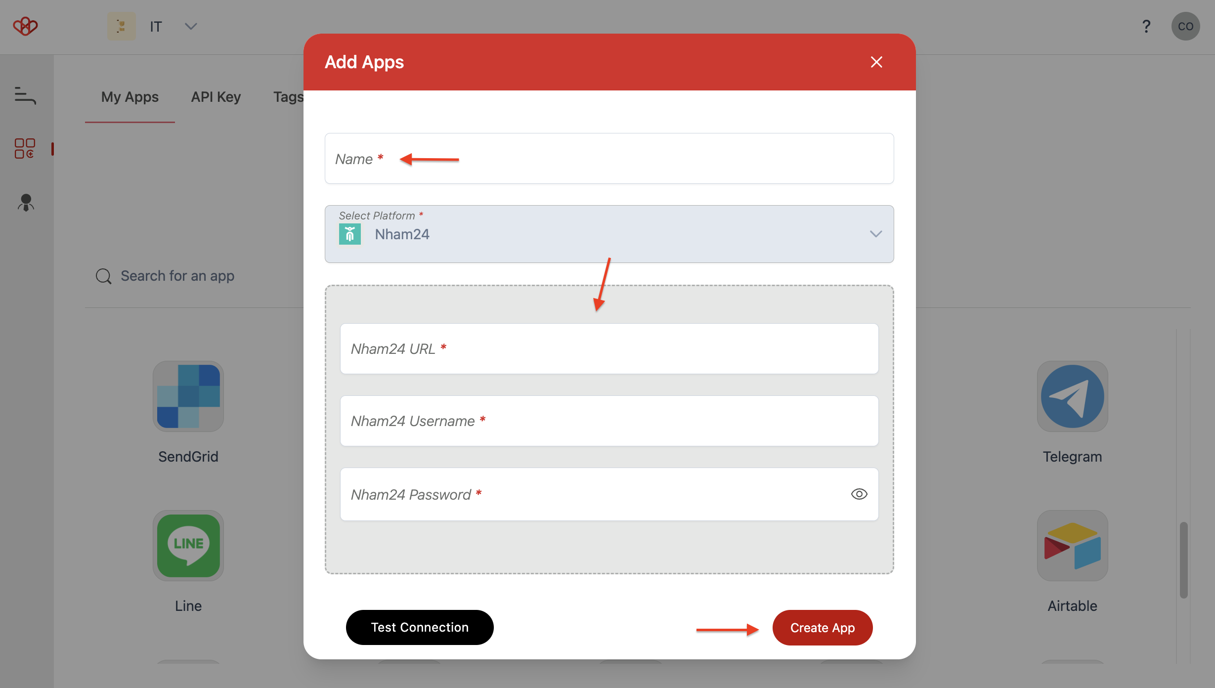 Screenshot of Wiresk Add apps screen. It shows the connection screen of Nham24. red arrows point to different fields for the connection setting.