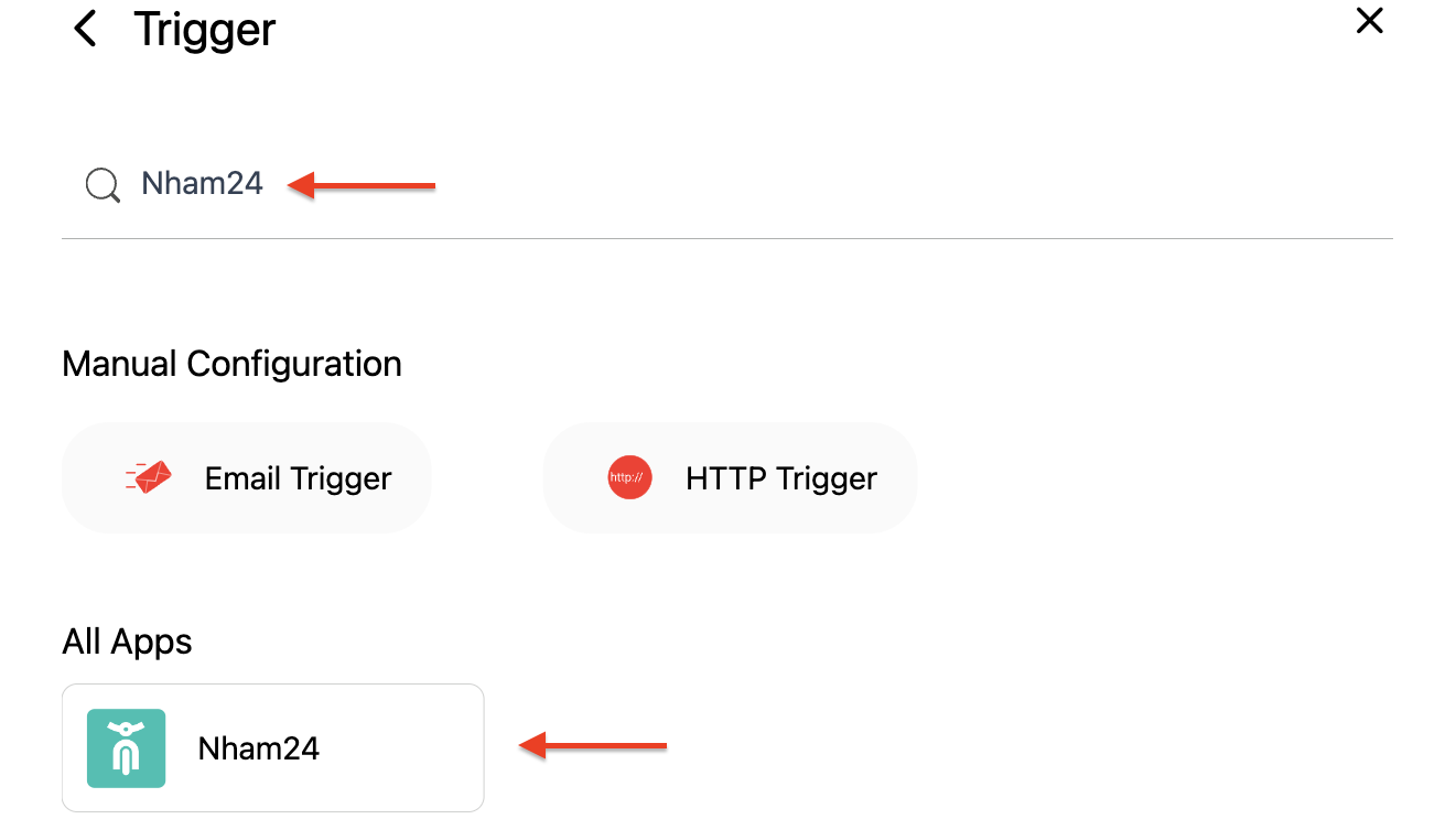 Screenshot of Nham24 Trigger search and selection. White background, arrows that point to search field and Nham24 logo.