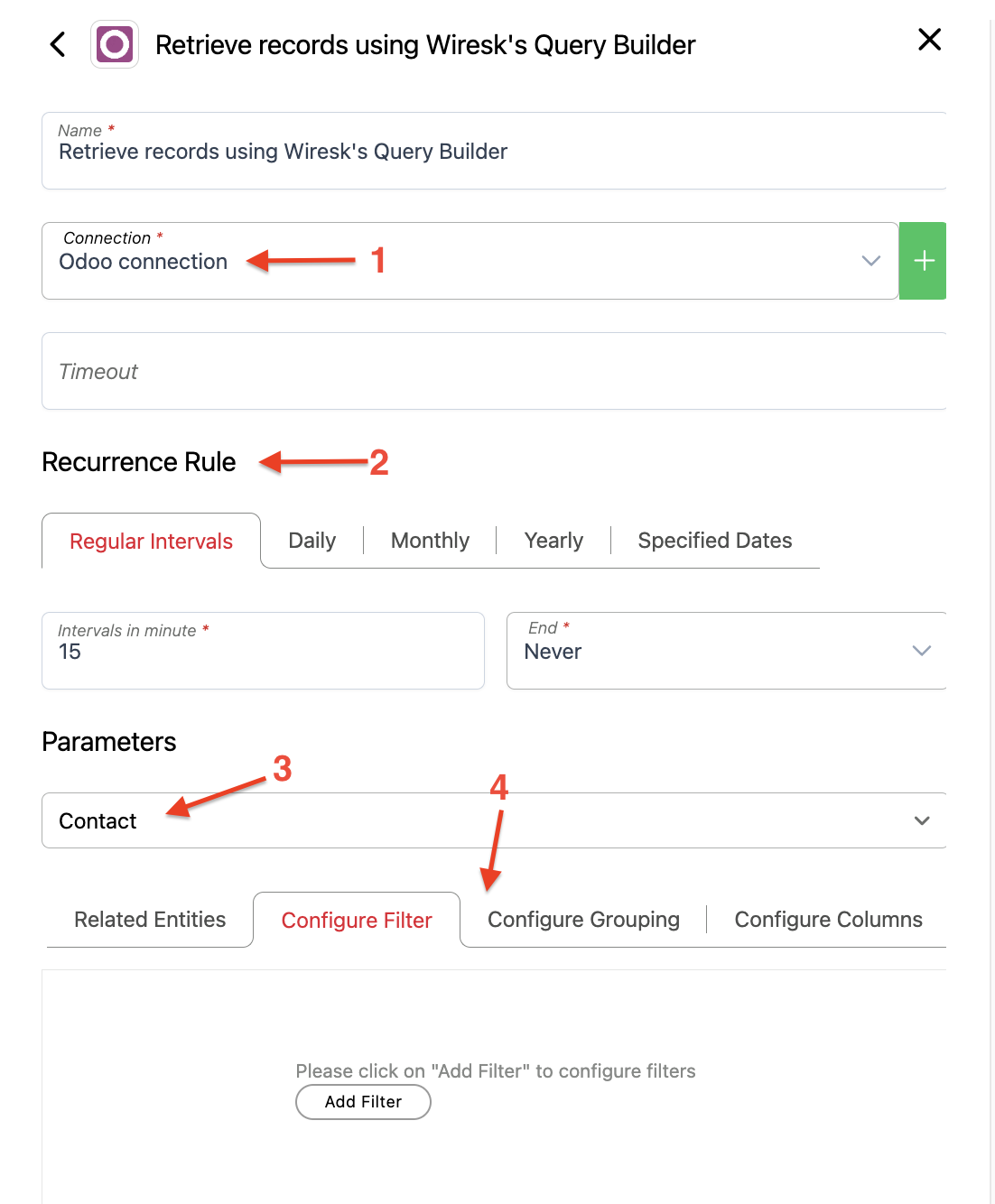 Screenshot of Wiresk Trigger setting of Odoo app, Called "Retrieve records using Wiresk's Query builder". Numbered Red arrows point to different field for the settings.