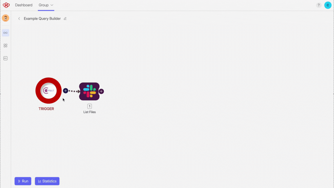 Animated GIF of Wiresk Builder screen. It shows how to Select Odoo Trigger called "retrieve records using Wiresk's Query Builder.