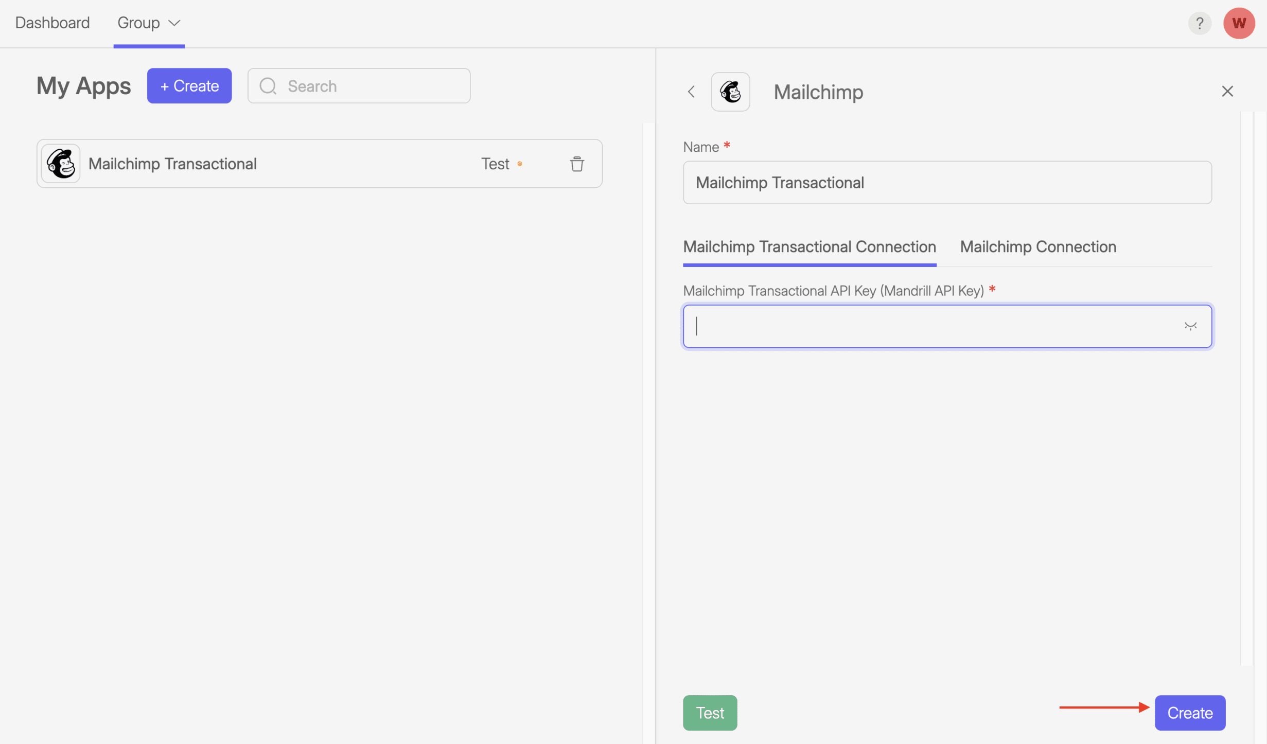 Screenshot of Wiresk Add apps screen. It shows the connection screen of Mailchimp transactional.