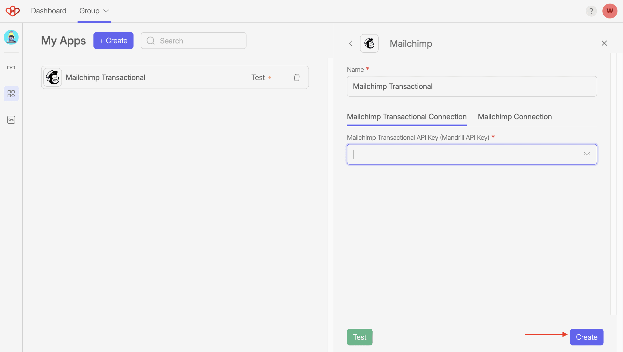 Mailchimp Transactional - Connection 4 Screenshot of Wiresk Add apps screen. It shows the connection screen of Mailchimp transactional.