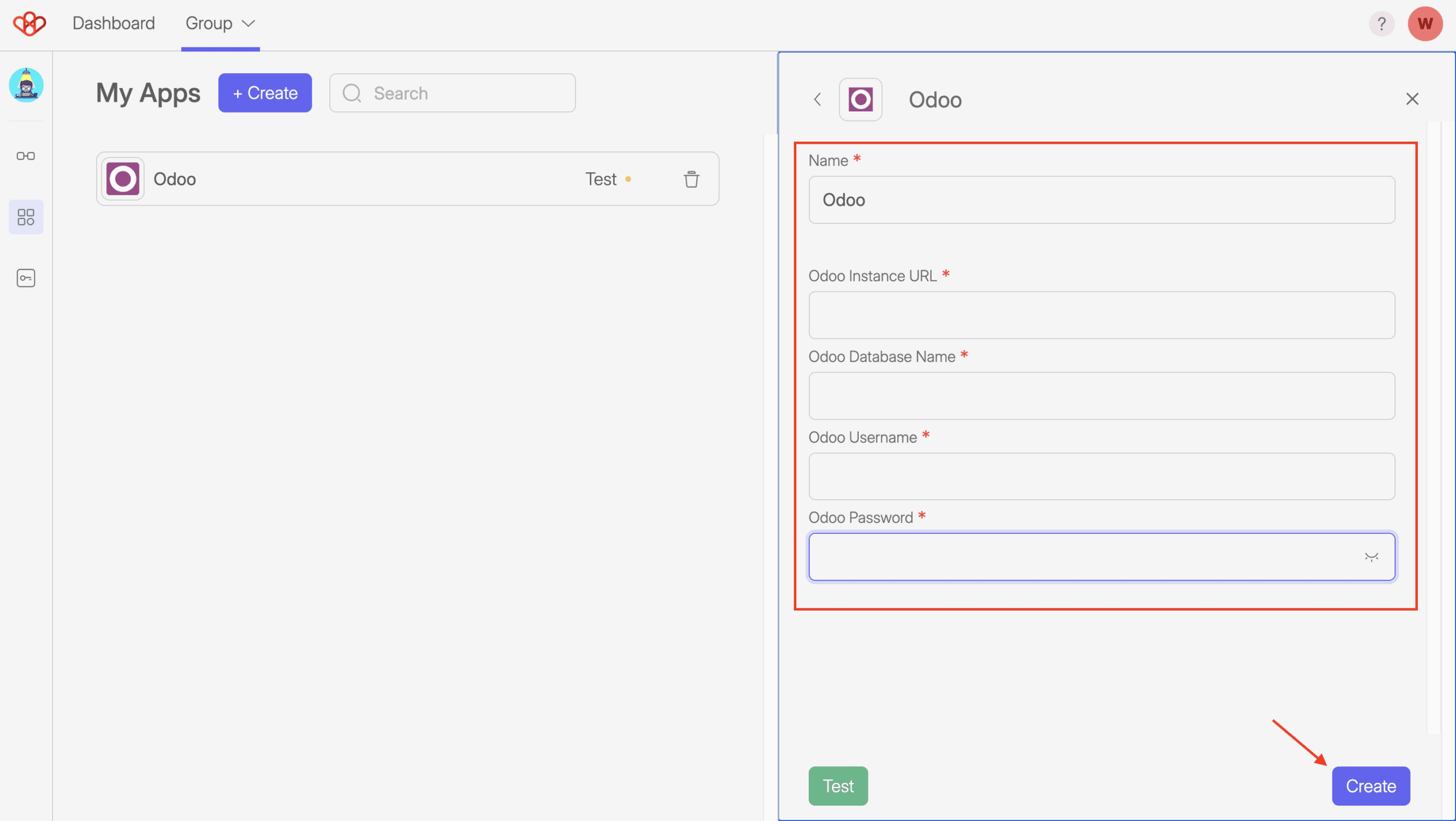 Odoo Connection and Settings 4 Screenshot of Add apps screen, this show the setting for Odoo connection with red arrows pointing to different fields.