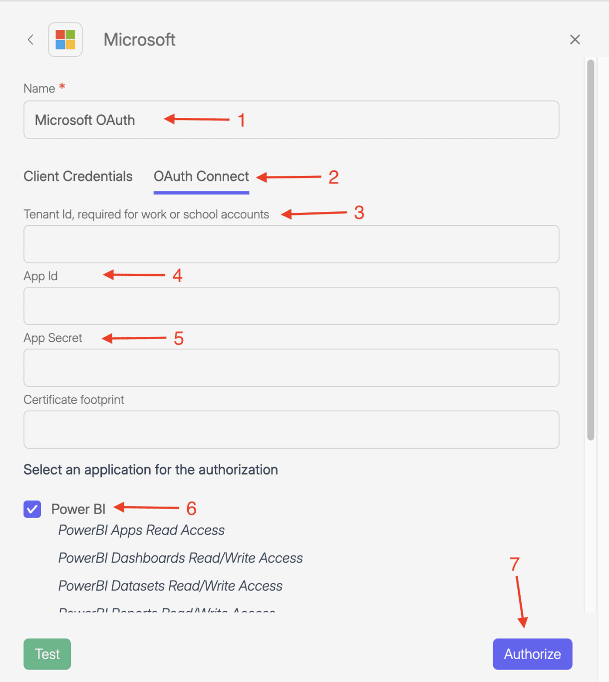 Screenshot of Add apps screen, this show the setting for Microsoft connection with numbered red arrows pointing to different fields.