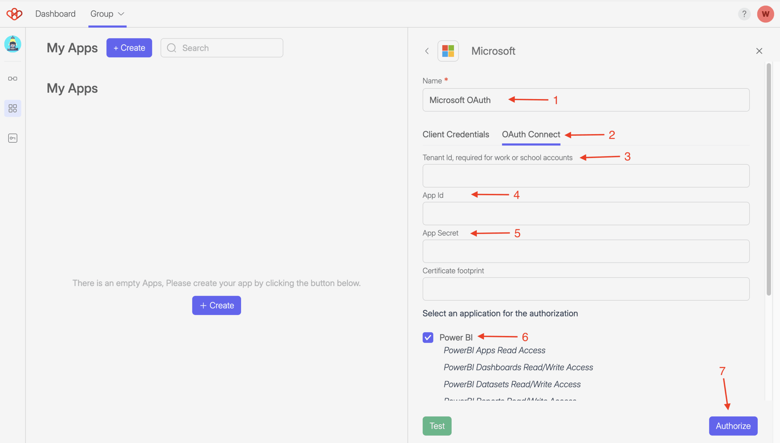 Dynamics 365 - Connection 12 Screenshot of Add apps screen, this show the setting for Microsoft connection with numbered red arrows pointing to different fields.