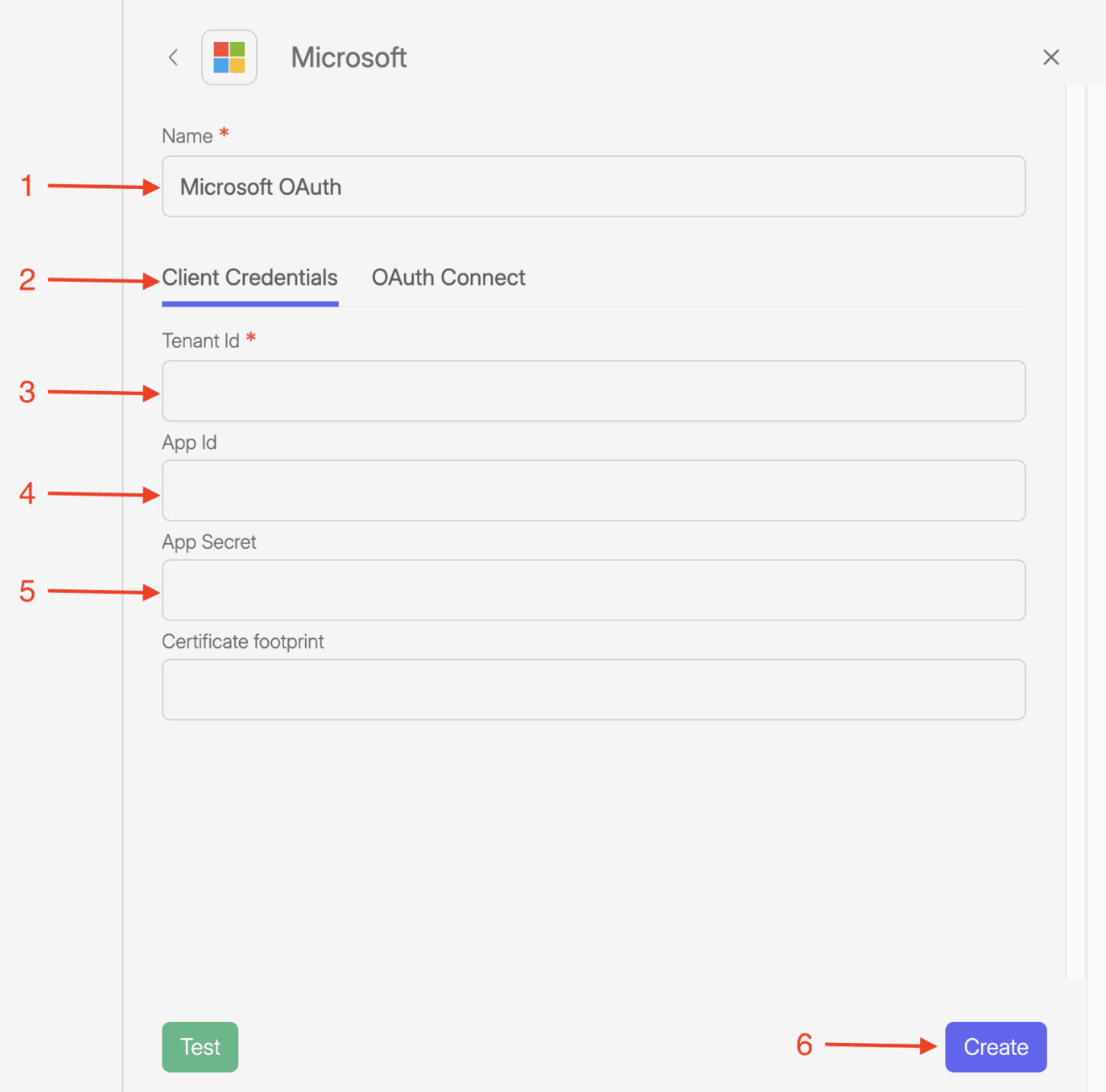 Screenshot Wiresk add apps screen. it shows the setting for Microsoft Client Credentials connection type. numbered red arrows are pointing to specific fields like name, tenant id, app id, app secret, and button create app.