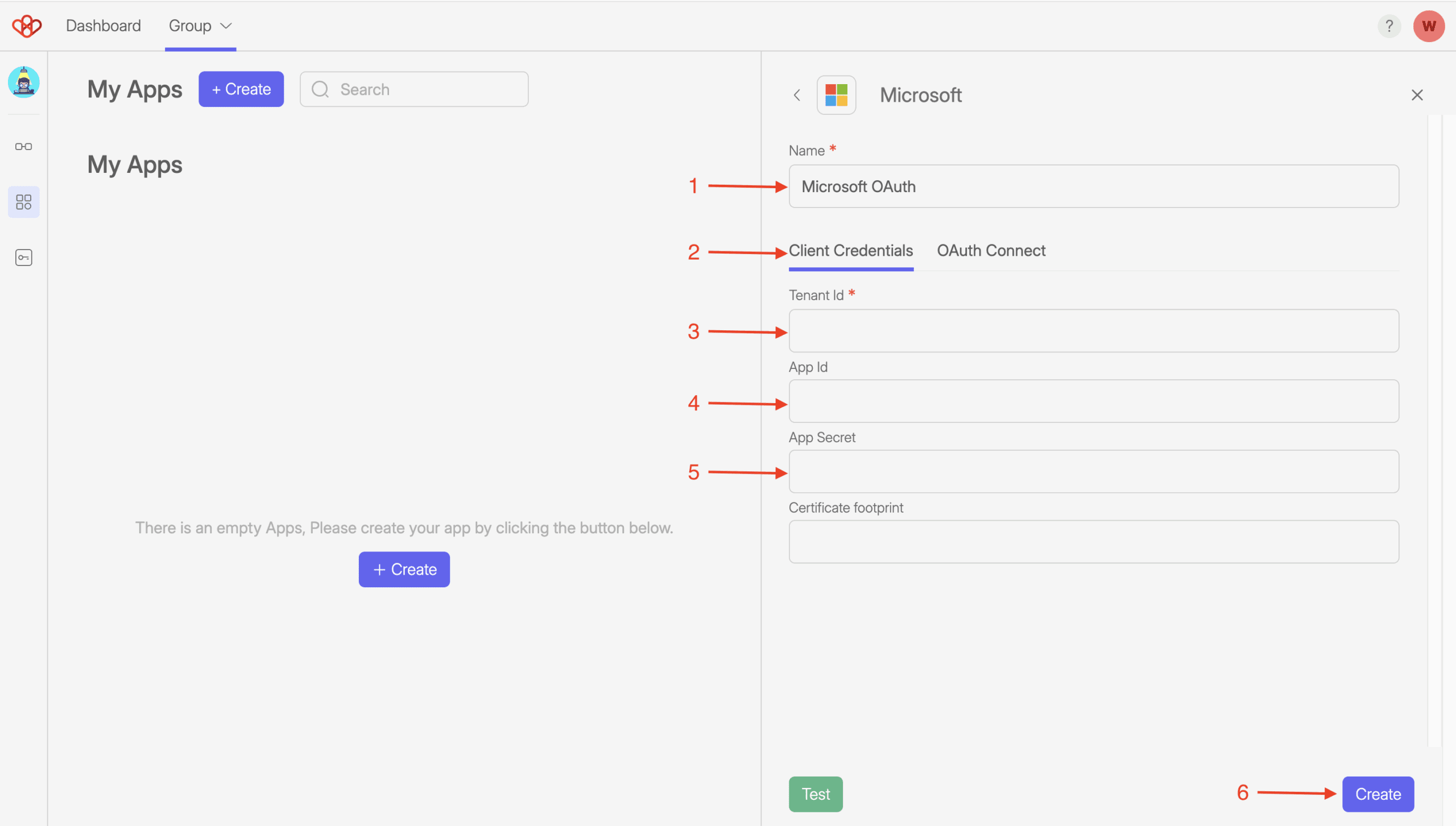 Dynamics 365 - Connection 15 Screenshot Wiresk add apps screen. it shows the setting for Microsoft Client Credentials connection type. numbered red arrows are pointing to specific fields like name, tenant id, app id, app secret, and button create app.