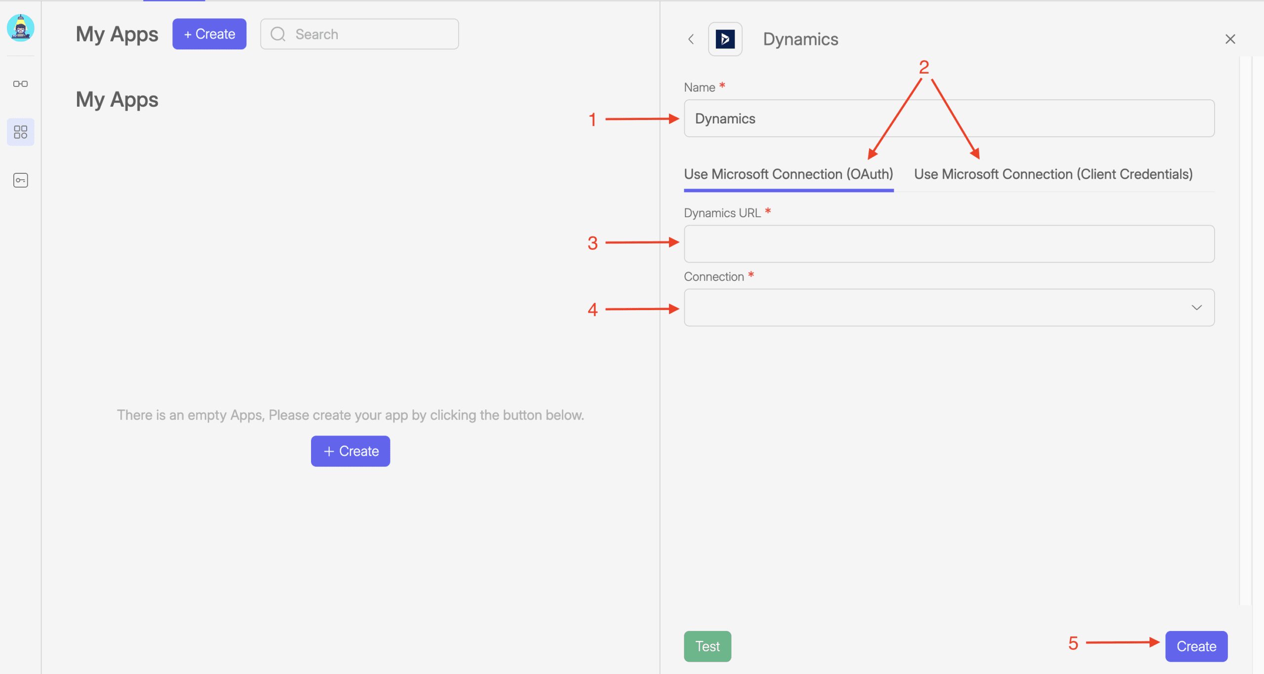 Screenshot of Dynamics connection app screen in Wiresk. Numbered red arrows point to fields for the settings, name, dynamics URL, Microsoft Connection.