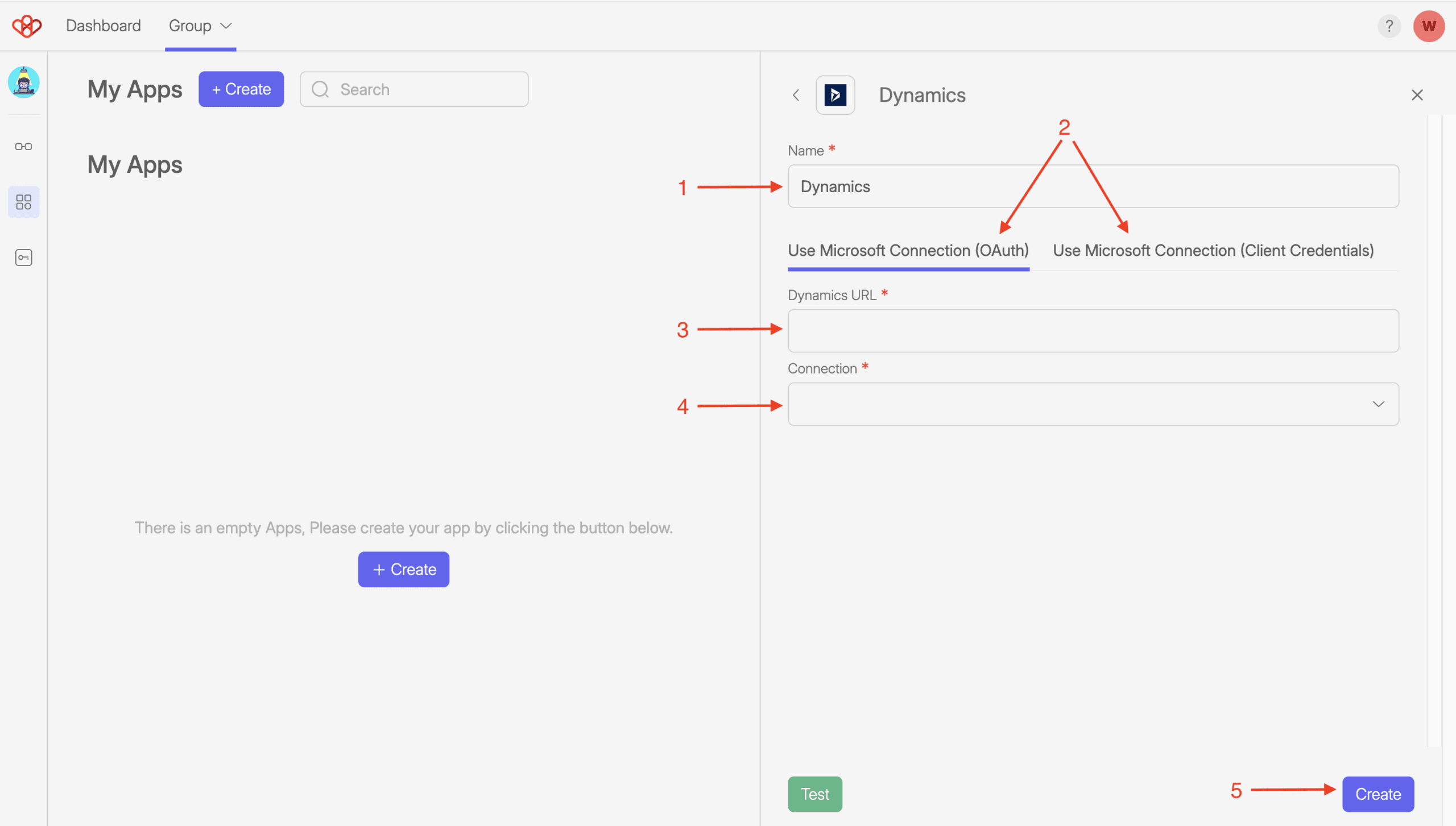 Dynamics 365 - Connection 17 Screenshot of Dynamics connection app screen in Wiresk. Numbered red arrows point to fields for the settings, name, dynamics URL, Microsoft Connection.