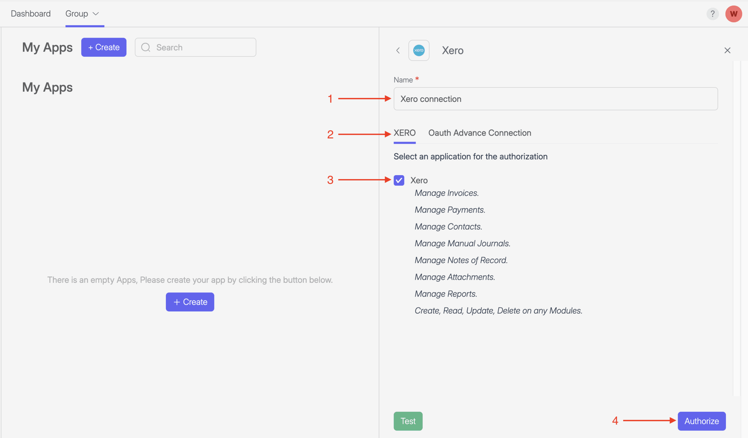 Screenshot of Wiresk "My Apps". It shows Xero connection setting panel. Numbered red arrows shows the configuration process.