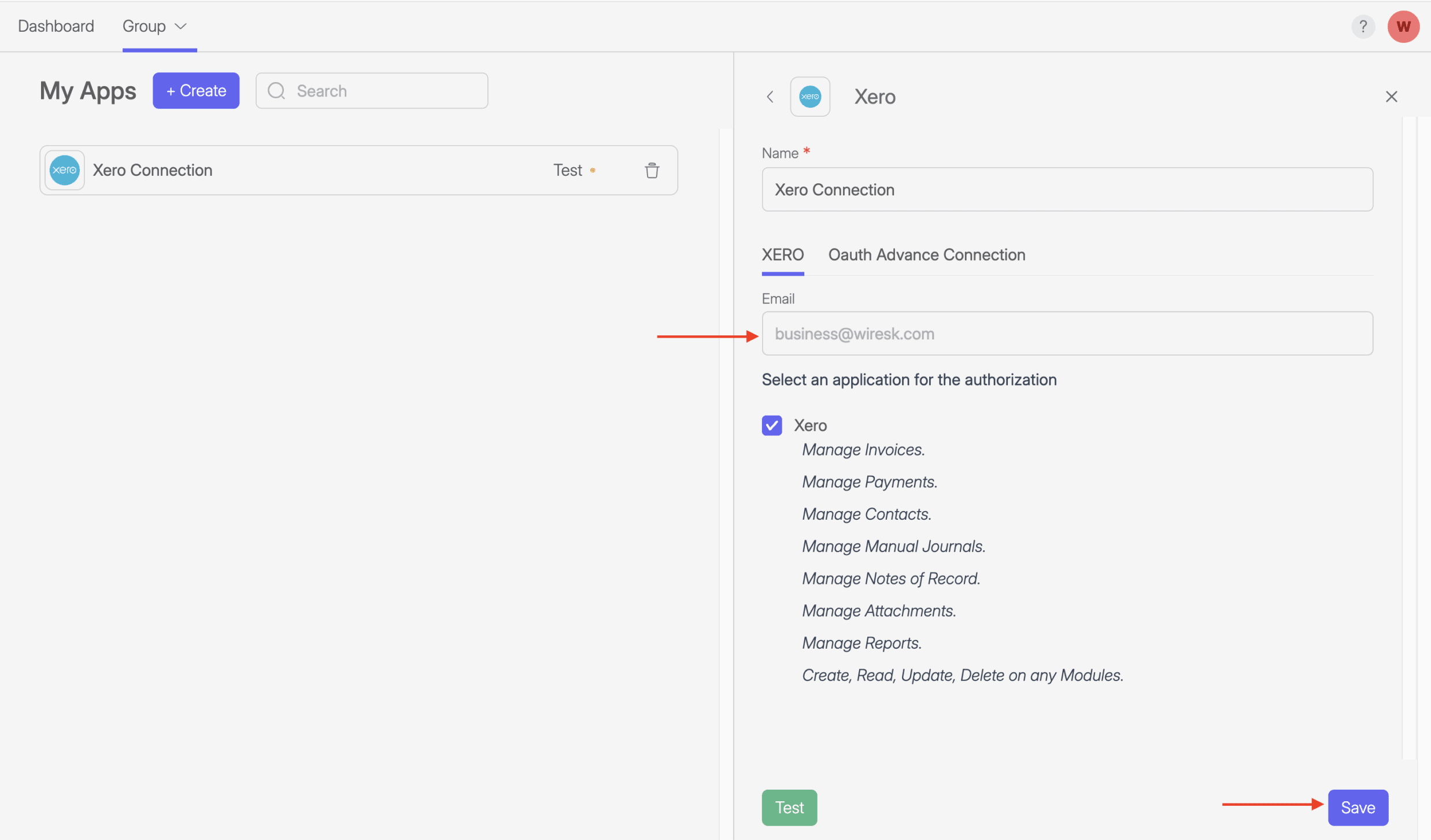 Wiresk dashboard showing the “My Apps” page with a listed Xero Connection. On the right panel, the connection setup form is open with fields for Name (“Xero Connection”) and Email (prefilled with business@wiresk.com
). The Xero app authorization option is checked, showing permissions to manage invoices, payments, contacts, journals, notes, attachments, reports, and all modules. At the bottom are “Test” and “Save” buttons, with red arrows pointing to the Email field and Save button.