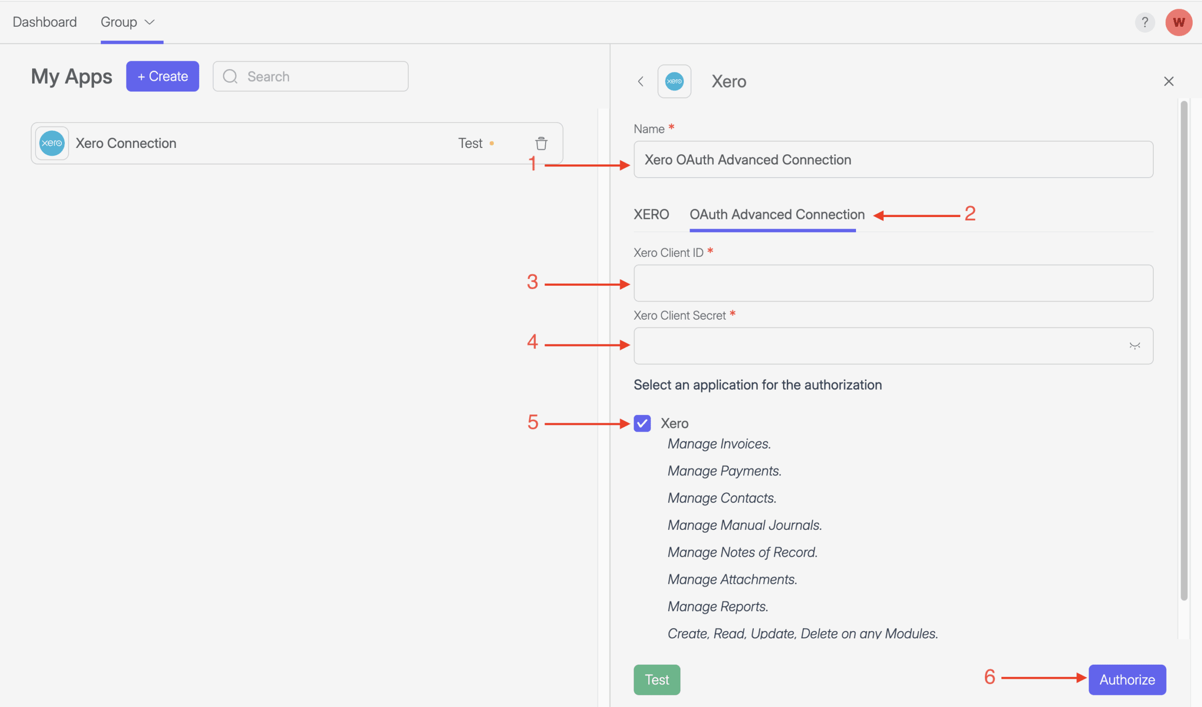 Screenshot of Wiresk "My Apps". It shows Xero connection setting panel for the OAuth Advanced Connection. Numbered red arrows shows the configuration process.
