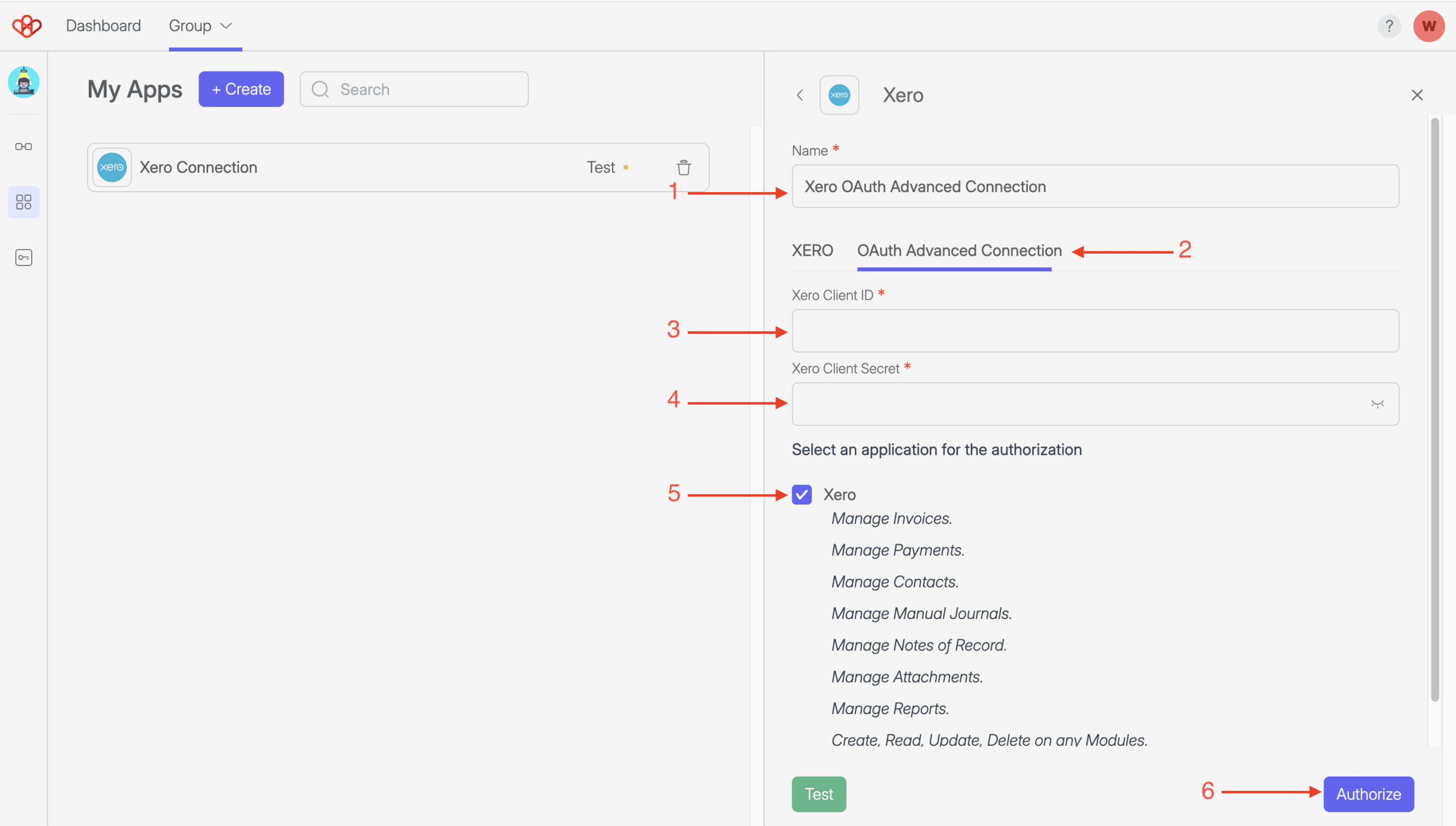 Xero Connection and Settings 11 Screenshot of Wiresk "My Apps". It shows Xero connection setting panel for the OAuth Advanced Connection. Numbered red arrows shows the configuration process.
