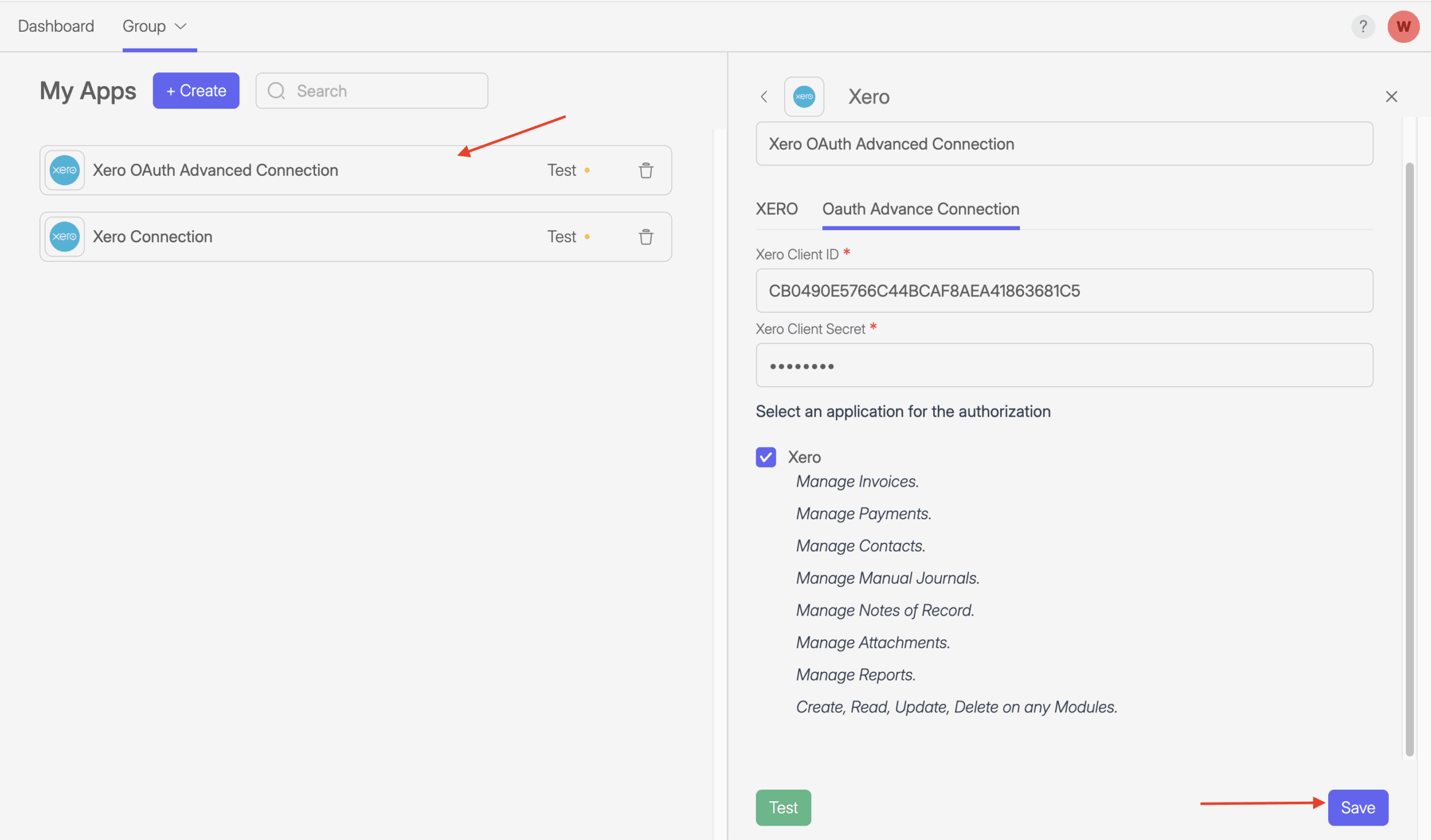 Screenshot of Wiresk "My Apps". It shows Xero connection setting panel for the OAuth Advanced Connection. Red arrows shows that the connection is listed and point to the "save" button.