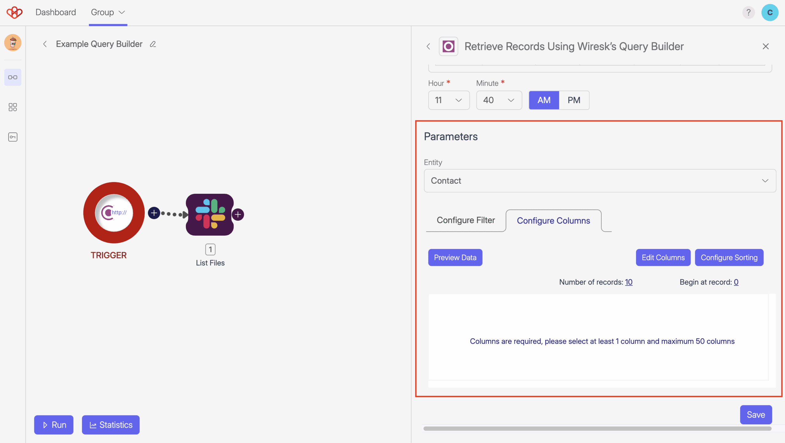 What is a Query Builder 1 Screenshot of Wiresk Flow builder with the setting screen of Odoo method called "Retrieve records using Wiresk's Query Builder. an Arrow shows the location of the Query builder setting.