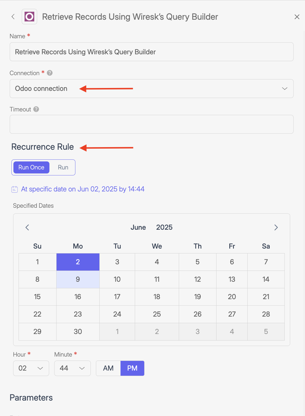 Screenshot of Wiresk Trigger setting of Odoo app, Called "Retrieve records using Wiresk's Query builder". Red arrows point to different field for the settings.