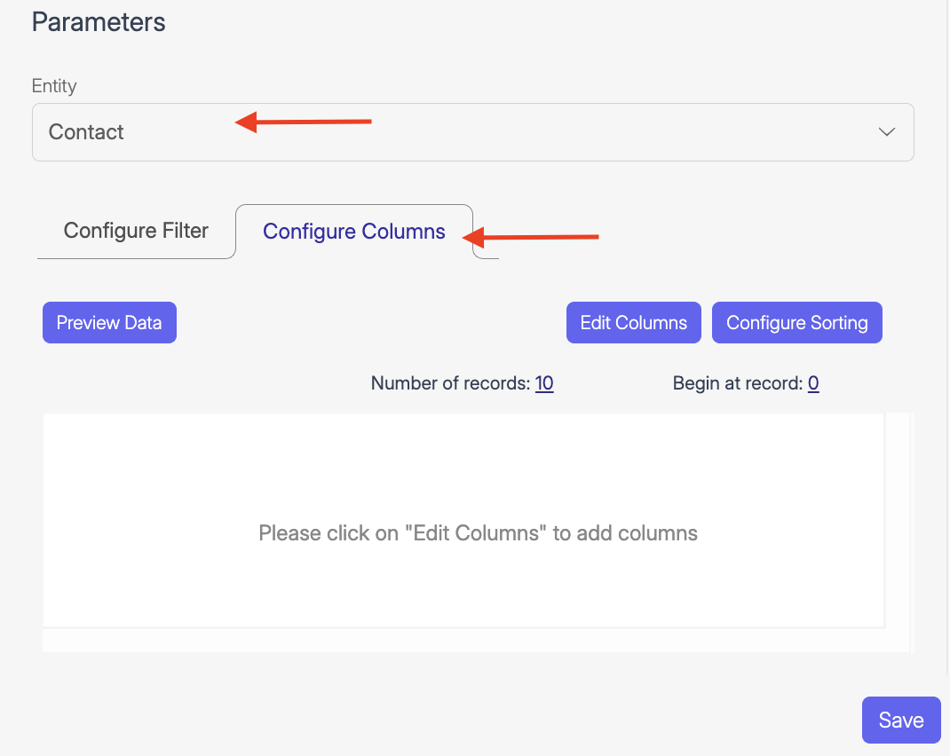 Screenshot of Wiresk Trigger setting of Odoo app, Called "Retrieve records using Wiresk's Query builder". In the parameters section, red arrows point to different field for the settings.