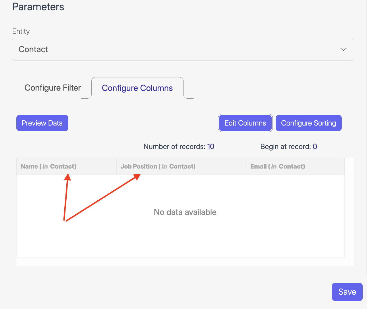 Screenshot of Wiresk Query builder, configure columns tab screen. Red arrows show news columns header name after editing the columns.